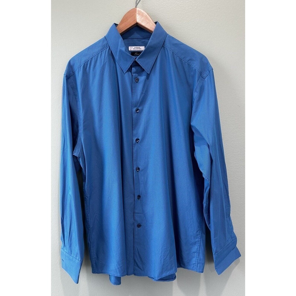 Versace Dress Shirt Size 45 Trend Gingham Print Blue Button Down Career Formal‌‌